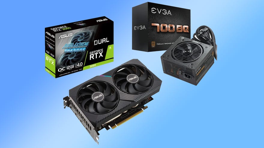 a photo of a bundled rtx 3060 graphics card and evga 700w power supply