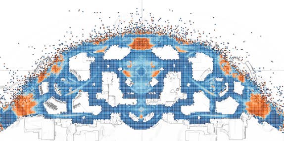 A heatmap of the crescent-shaped Destiny level Pantheon. It's mostly blue, with splotches of orange at five different areas along the outer rim of the map