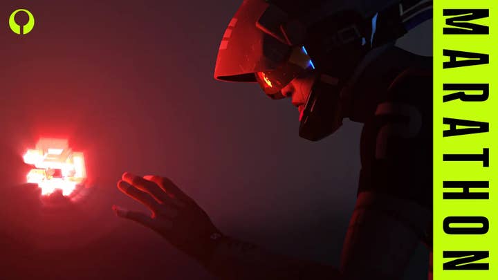 A person in a helmet reaches toward a brightly glowing geometric shape. A neon green bar along the right side of the image says 