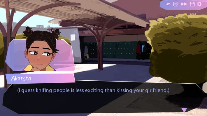 A Butterfly Soup 2 screenshot where character Akarsha is saying: I guess knifing people is less exciting that kissing your girlfriend.