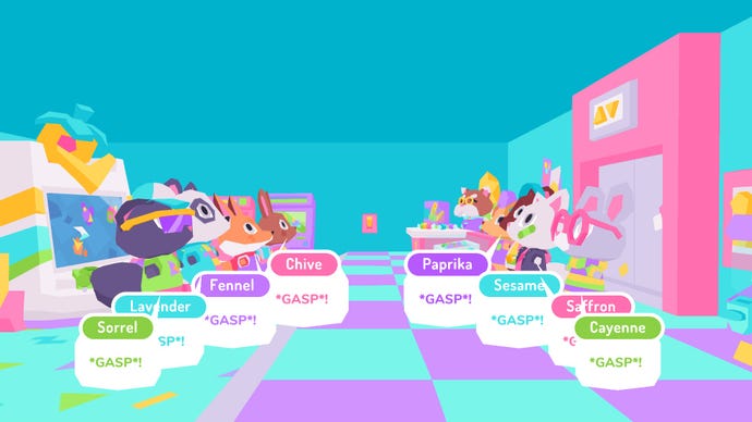 The Fluff Squad and the Tuff Fluffs gasp in surprise in Button City's arcade.