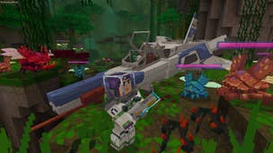 Buzz Lightyear on the ground fighting monsters in Minecraft.