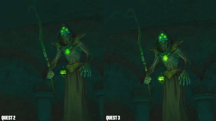 An image showing the quality difference between the Quest 2 and Quest 3. The Quest 3 image is much sharper and the lighting sources are more vivid.