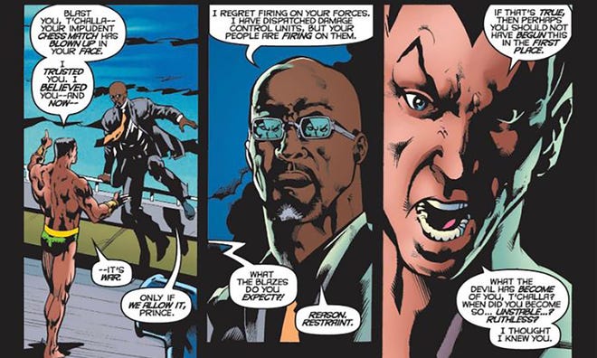 Namor and T’Challa exchange tense words in truce negotiations as their militaries engage with one another. From Black Panther (1998) #29. Written by Priest, Pencils by Sal Velluto, Inks by Bob Almond, Mark McKenna, and Warren Martineck, Colors by Steve Oliff, Letters by Paul Tutrone.