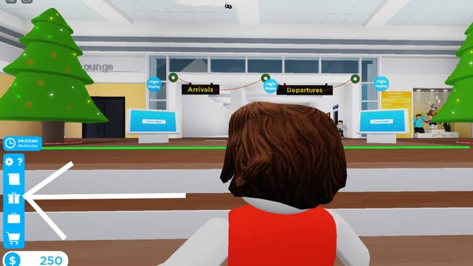 Roblox Cabin Crew Simulator, a white arrow is pointing to the gift box icon on the left side of the screen.