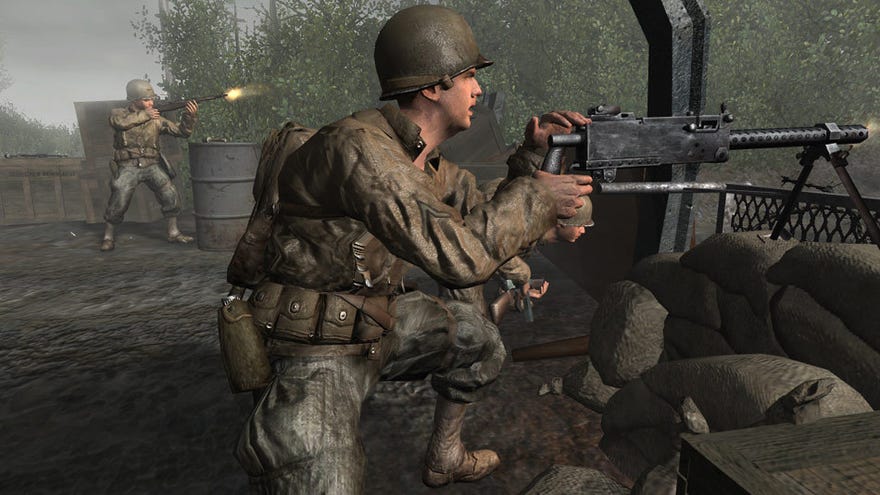 A soldier in Call Of Duty 2 crouched and shooting a mounted machine gun