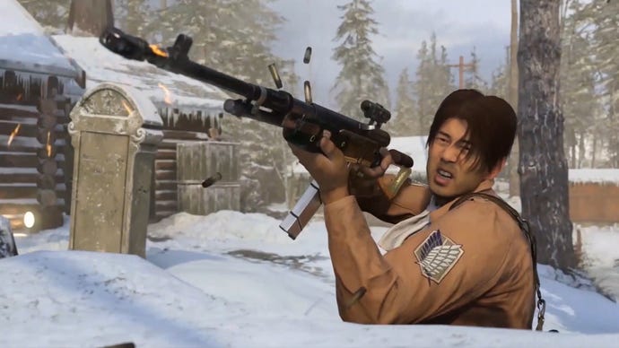 An Operator dressed as Attack on Titan's Levi Ackerman fires an assault rifle over a log.