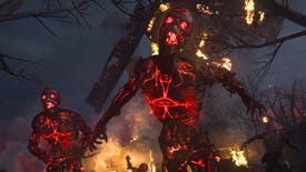A screenshot from Call Of Duty: Vanguard's zombies mode, in which a glowing red undead is screaming.