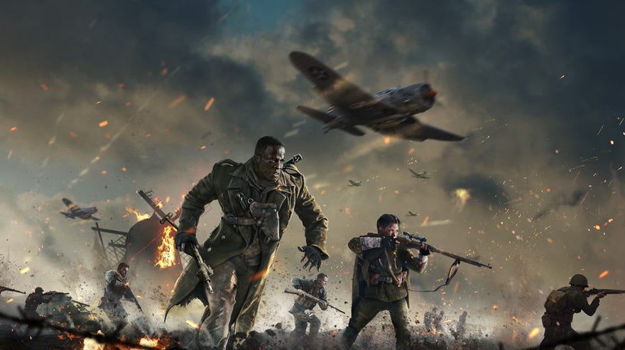 Call of Duty: Vanguard - Artwork of several soldiers running across a battlefield with planes flying overhead.