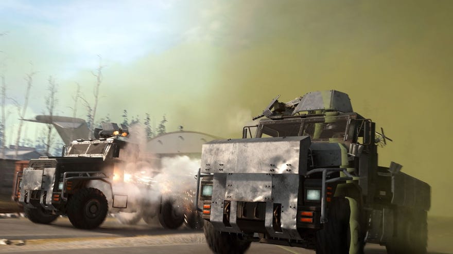 An image of two armoured trucks in Warzone escaping from the poison gas. They're side-by-side, firing at one another too.