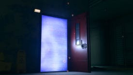 A magic Red Door from Warzone Season 4, which is wide open and has an entrance that glows a shimmering blue.