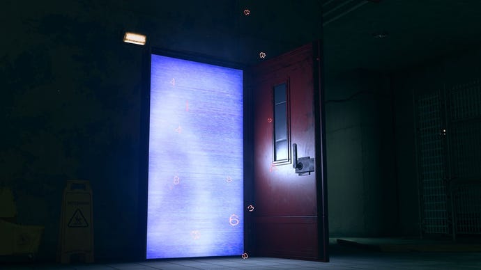 A magic Red Door from Warzone Season 4, which is wide open and has an entrance that glows a shimmering blue.