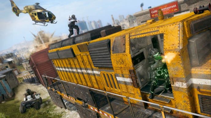 call of duty warzone urzikstan train poi promo art of a yellow train with soldiers on it followed by a helicopter.