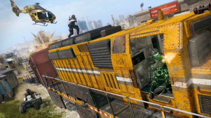 Call of Duty Warzone Urzikstan Train Poi Promo Art of Yellow Train mit Soldaten, die von einem Hubschrauber gefolgt werden