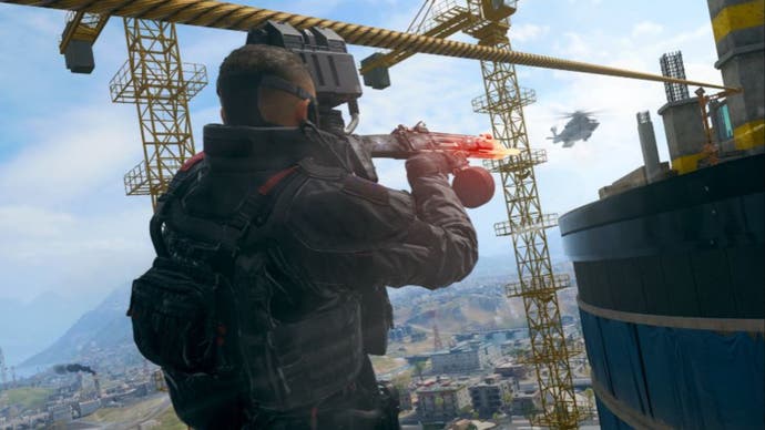 call of duty warzone urzikstan zip lines promo character art using the zip line from the sky