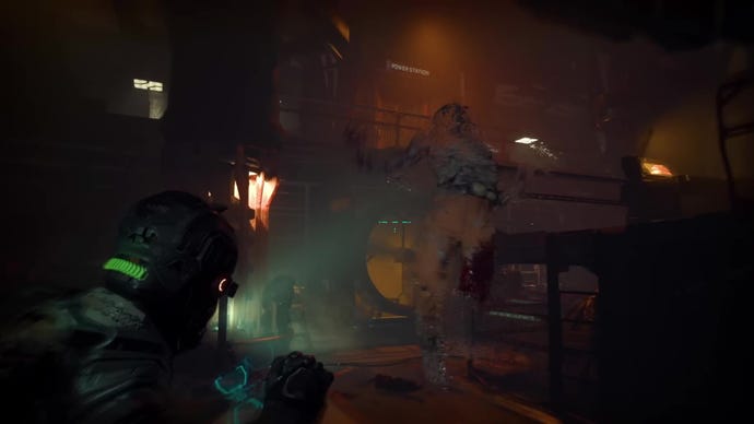 Jason uses the Grip to hold an enemy in mid-air in The Callisto Protocol.