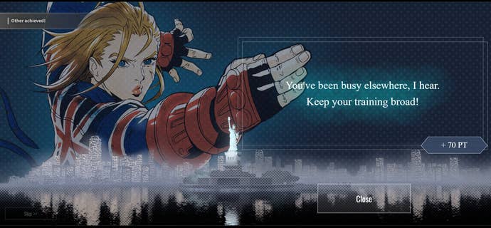 A text message from Cammy White on Capcom's Buckler's Boot Camp companion website