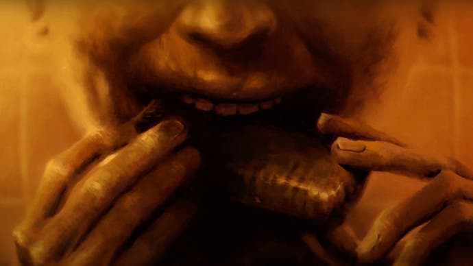 Un primo piano illustrato di una bocca insanguinata che rosicchia un pezzo di carne (presumibilmente umana).