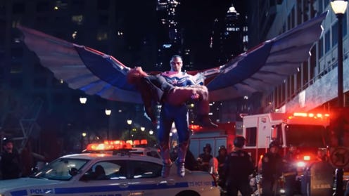 Sam Wilson as Captain America flying with wings out