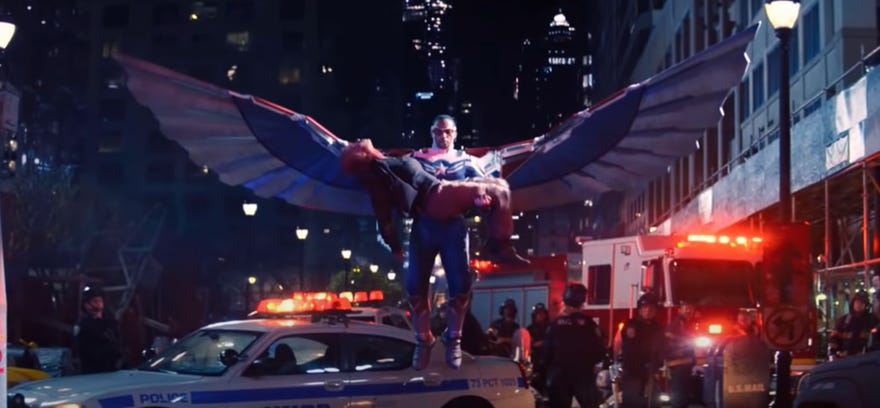 Sam Wilson as Captain America flying with wings out