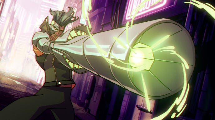 A man with a gun arm in Captain Laserhawk: A Blood Dragon Remix.