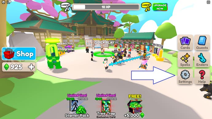 A screenshot from Card Battles in Roblox showing the game's settings button.