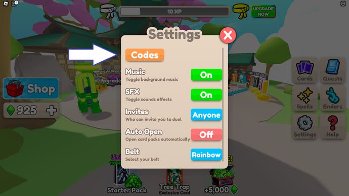 A screenshot from Card Battles in Roblox showing the game's settings menu.