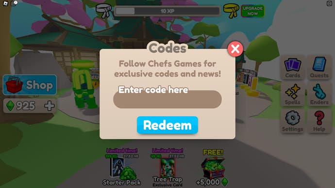 A screenshot from Card Battles in Roblox showing the game's codes menu.