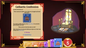Telling a story of a nasty party in confession in a Card Cowboy screenshot.