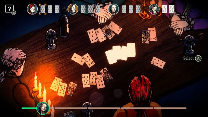 A top down view of a table in Card Shark where the player must choose which order to pick up discarded cards, to give their accomplice a favourable hand on re-dealing them