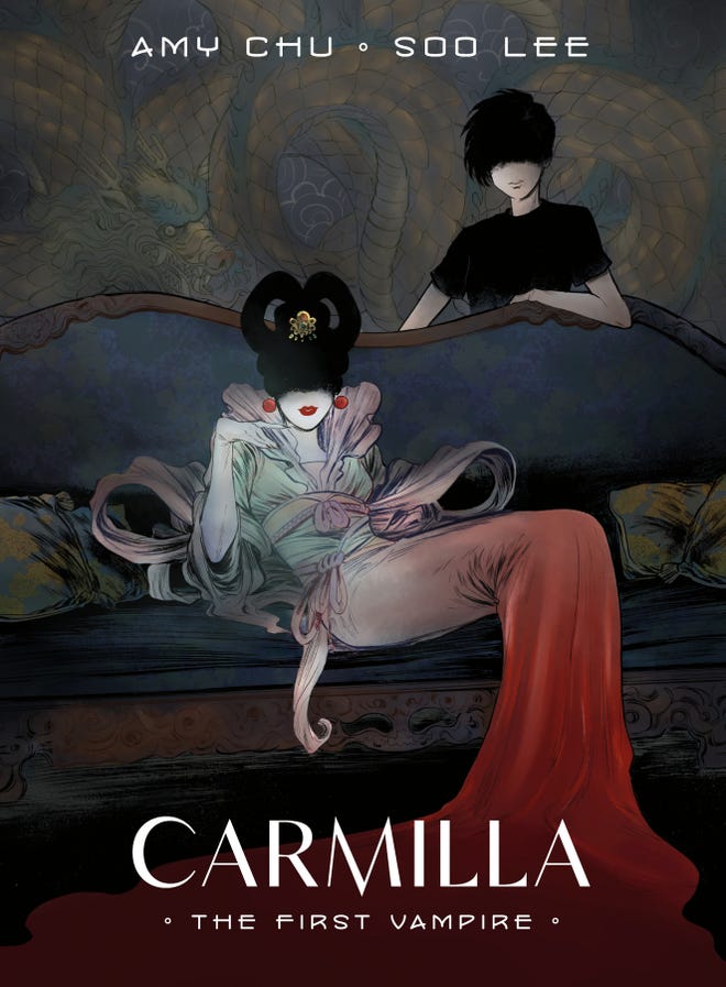 Cover of Carmilla: The First Vampire, featuring a figure reclining on a chaise lounge with another figure standing behind her