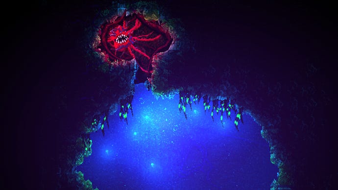 A meat monster hides in a small cave in Carrion