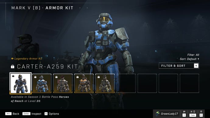Halo Infinite's Mark V (B) Armor Core, sporting the Carter-A259 Armor Kit.