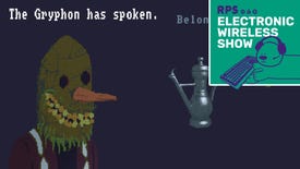 A cultist wearing a strange mask like a cross between a scarecrow and a snowman, in The Case Of The Golden Idol. The EWS podcast logo, square and green, is overlaid on the top right corner of the image