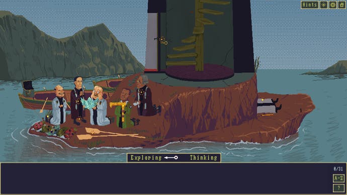 Case of the Golden Idol review - several odd-looking characters sit on the shore of a lighthouse island with discarded masks on the floor