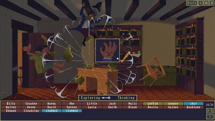 Case of the Golden Idol review - two people, a chair and the golden idol fly away from a desk in a kind of explosion freeze-frame