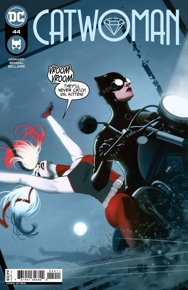 Cover of Catwoman on motorcycle with Harley in the back, with her arms up