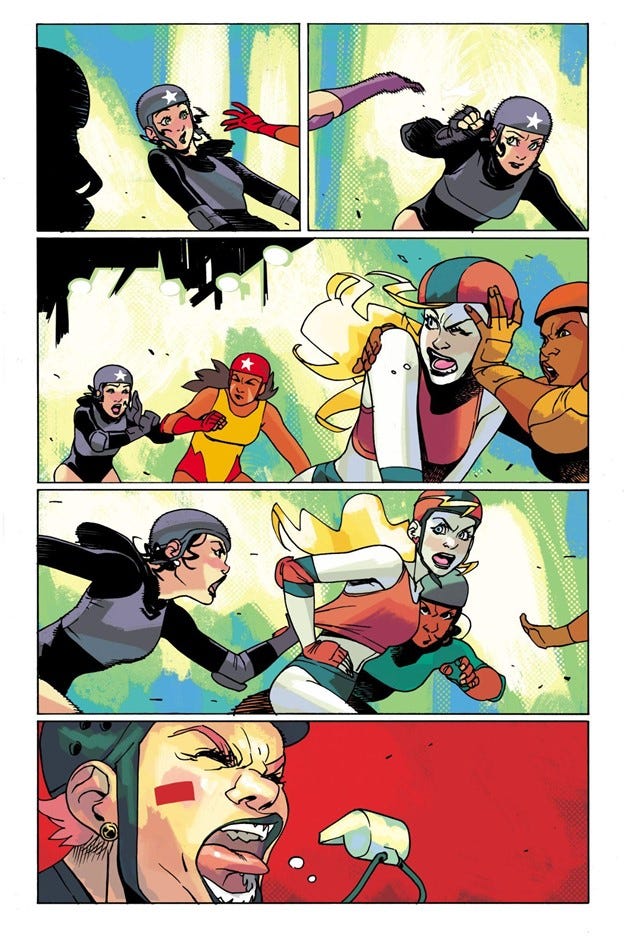 Interior page, of Selina and Harley Quinn playing roller derby