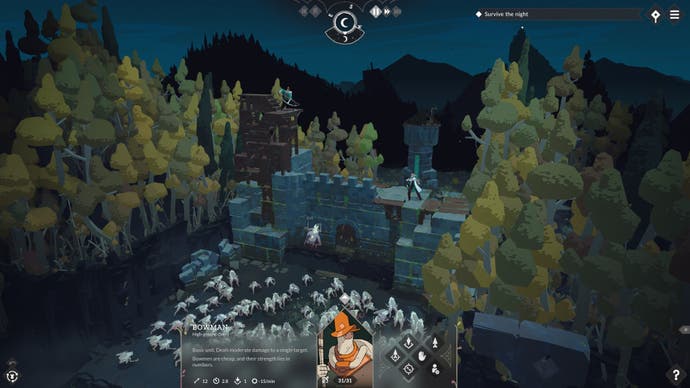 A night time battle from spooky tactics game Cataclismo, with a player-built castle under assault from a wave of Horrors.