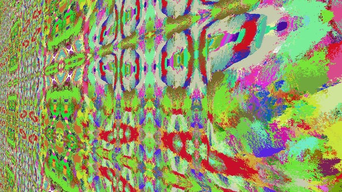 A screenshot of Catacombs Of Solaris showing a wall of what looks like multi-coloured paint smudges, predominantly green, but each colour roughly mashing into each other in a repeating pattern.