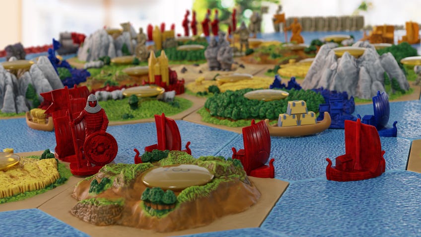 A product shot of the upcoming expansion to Catan 3D, which contains both Seafarers and Cities & Knights in one $400 box.