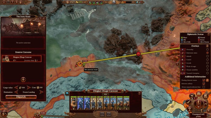 Cathay’s trading caravan tab in Total War: Warhammer 3.