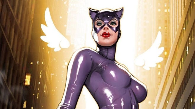 Catwoman stands with angel wings