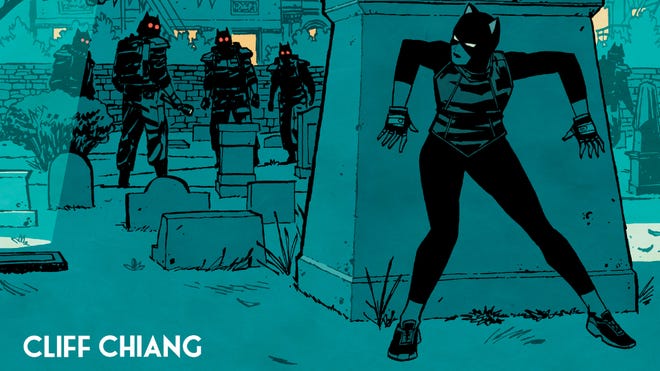 Comics panel featuring Catwoman hiding from people