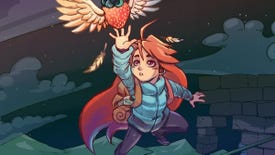 Artwork showing Celeste, from the game Celeste, reaching out to grab a flying strawberry.