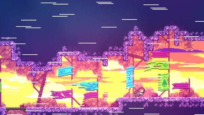 A young girl battles against the wind on a mountain in Celeste