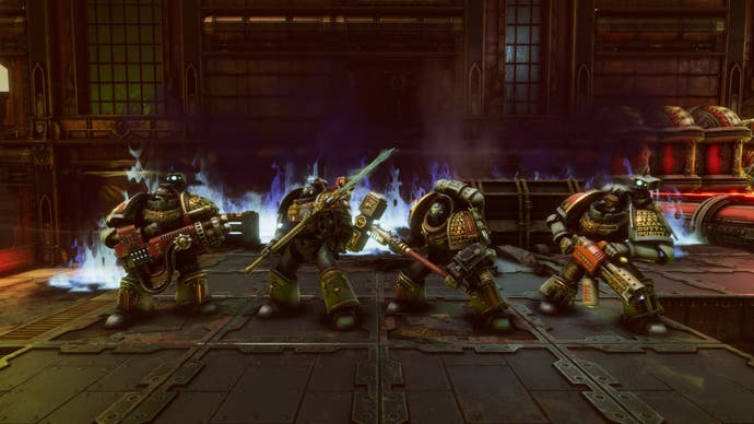 Warhammer 40,000: Chaos Gate - Daemonhunters preview assets featuring turn-based tactics gameplay, the base ship, and assorted shots of your customised four-man squads.