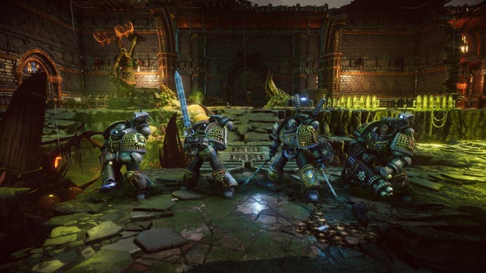 Warhammer 40,000: Chaos Gate - Daemonhunters preview assets featuring turn-based tactics gameplay, the base ship, and assorted shots of your customised four-man squads.