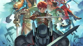 A red-haired boy holds out a sword in front of a mech in artwork for Chained Echoes