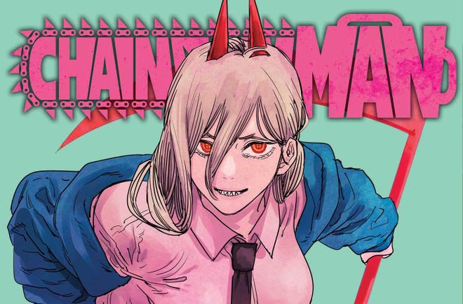 Cropped image of Chainsaw Man cover with a character with red horns and a scythe